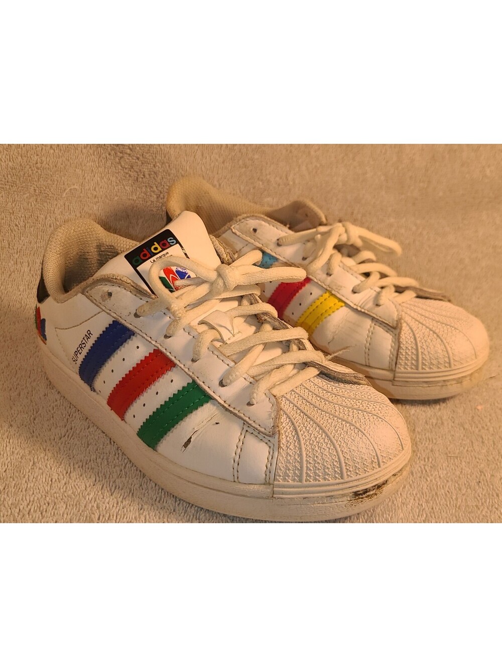 ADIDAS SUPERSTAR J White Multicolor Stripes FW5238 Size 2